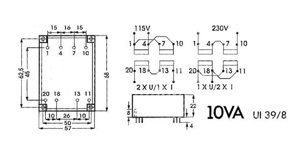 Transformateur bas profil 10va 2 x 24v / 2 x 0.208a