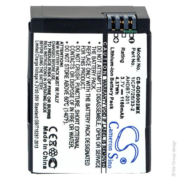 Batterie lithium-ion pour camera gopro 3.7v 1180ma 36,77mm (l) x 28,81mm (l) x 13,21mm (h)