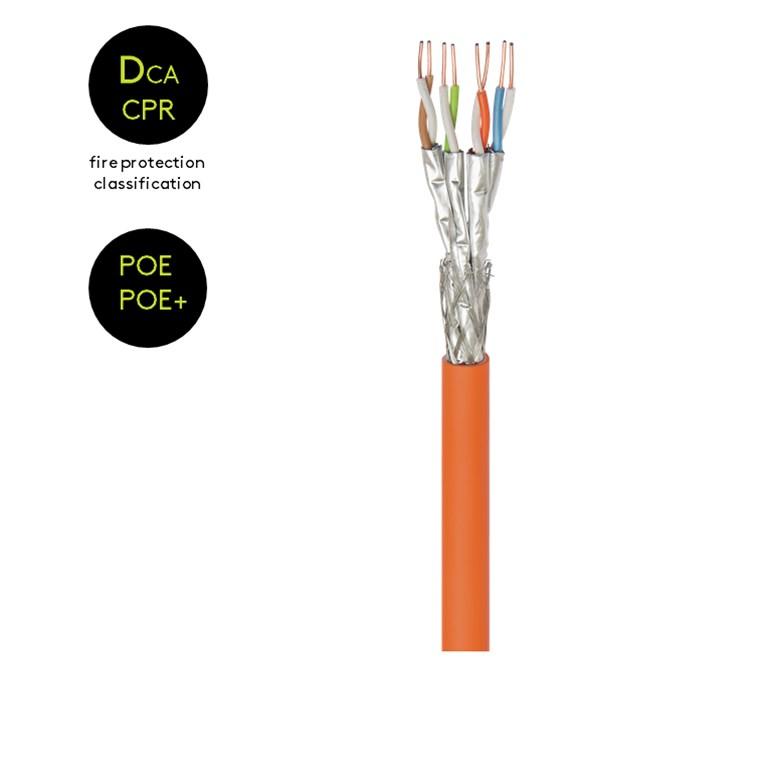 Cable ethernet cat 7a  double blindage s-ftp / 10gbps / 4 paires torsadées monobrin / orange / l=100m
