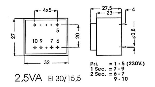Transformateur moule  2.5va  2 x 6v / 2 x 0.208a