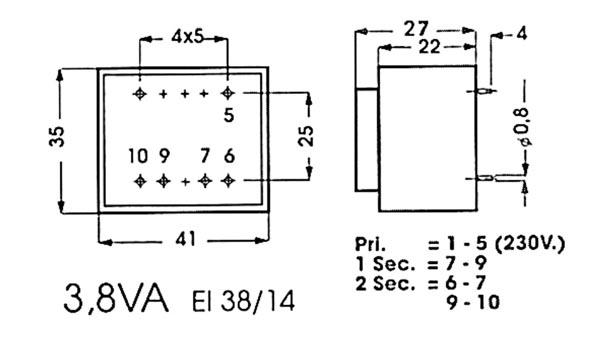 Transformateur moule  3.8va  2 x 7.5v / 2 x 0.254a