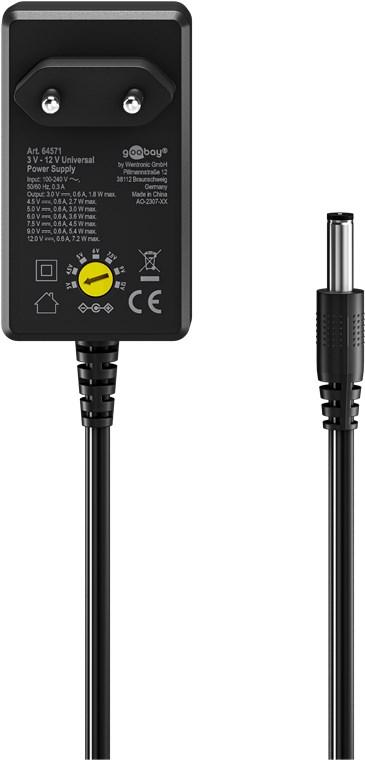 Alimentation universelle 3 v à 12 v / max 7.2w (0.6a) / 11 adaptateurs inclus