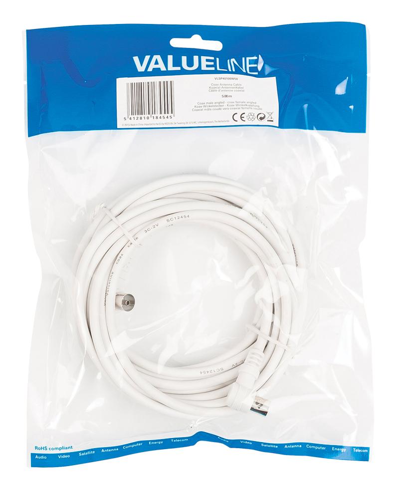 Cordon télévision tv 9.5mm mâle / tv 9.5mm femelle l=5m fiches coudees