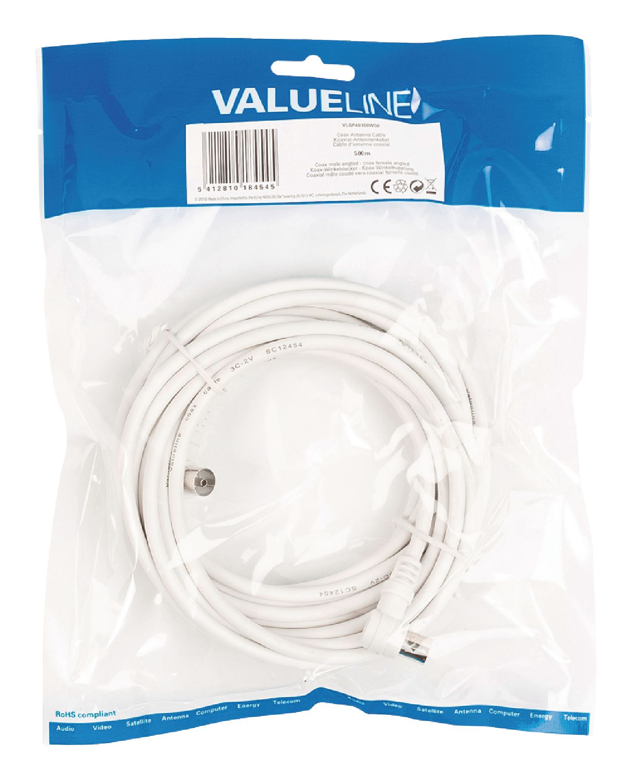 Cordon télévision tv 9.5mm mâle / tv 9.5mm femelle l=5m fiches coudees