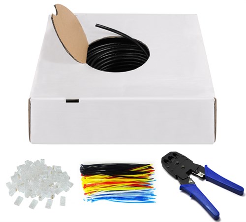 Câble réseau non blindé interieur/exterieur cat6 u/utp noir l=100m +100 fiches rj45 +1 pince a sertir + 100 x rilsans