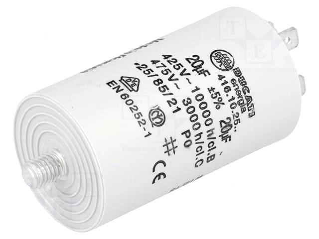 Condensateur permanent pour moteur electriques, pompes, ventilateurs, 20uf 425vac 40x70mm + filetage m8