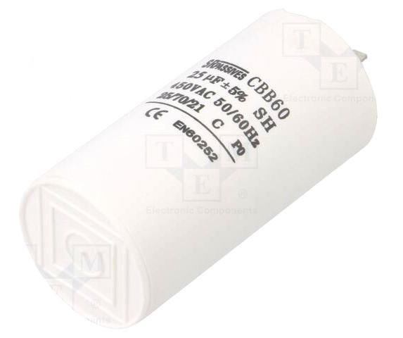 Condensateur permanent pour moteur electriques, pompes, ventilateurs, a cosses 25uf 450v 45x90mm