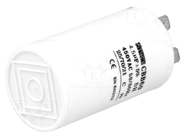 Condensateur permanent pour moteur electriques, pompes, ventilateurs, a cosses 4.5uf 450v 35x60mm