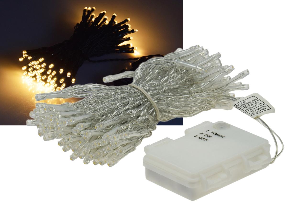 Guirlande à led - blanc chaud - 10m - ip44 - 100 leds - avec minuterie 6 heures - à piles (3xaa)