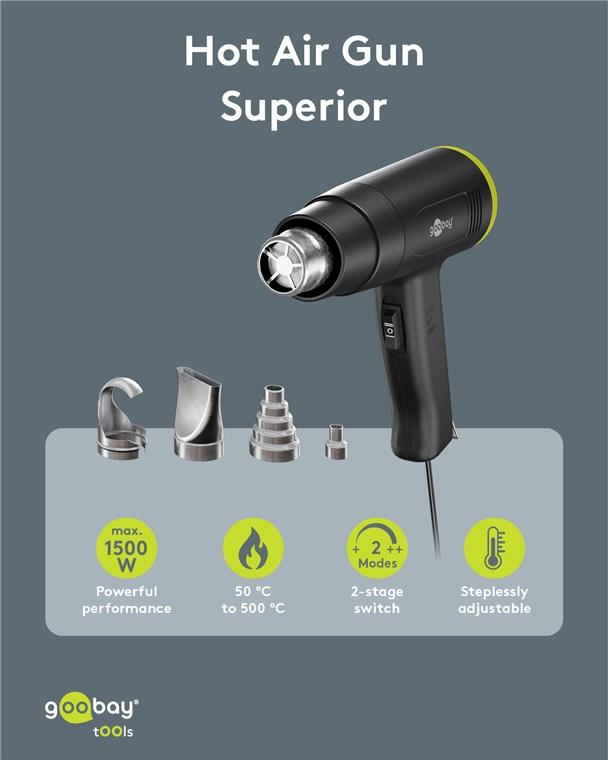 Décapeur thermique / pistolet à air chaud goobay / réglable / 1500w / 200-500 °c / 4 buses