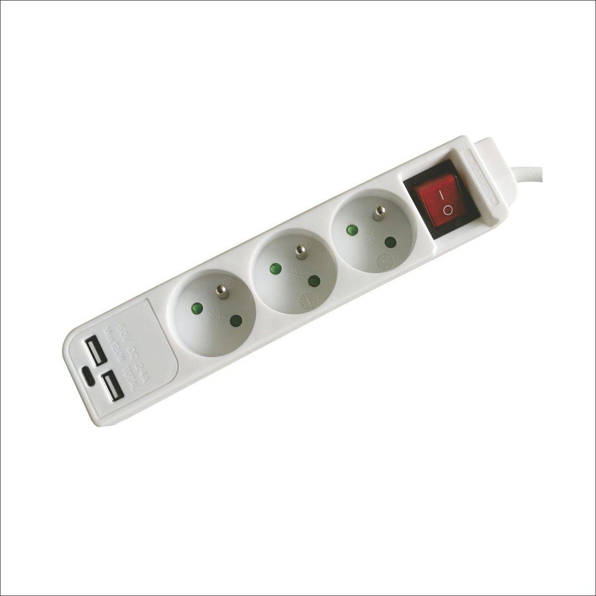 Bloc multiprises - 3x prise 2p+t 16a + 2 x usb 1 x usb c - blanc - 1.5m