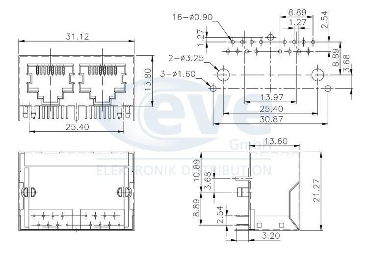 Fiche rj45(8p /8c) femelle chassis double horizontal blinde pour ci (rj45) coude 90°