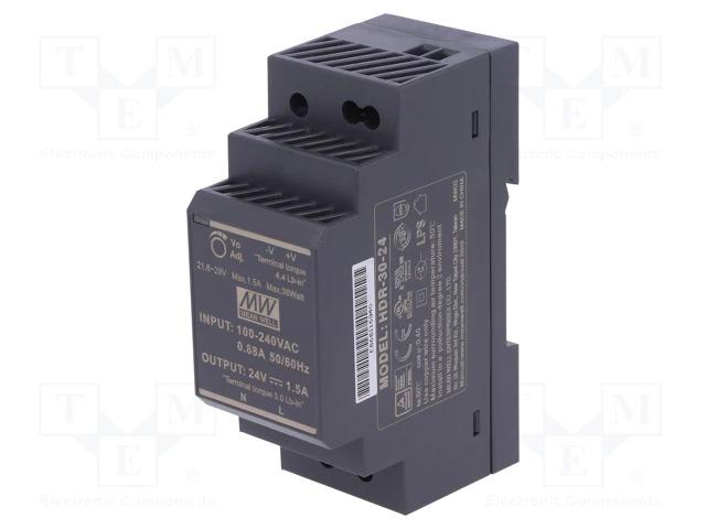 Alimentation à découpage mean well rail din / 24v / 30w / 1.5a / 35x90x54.5mm