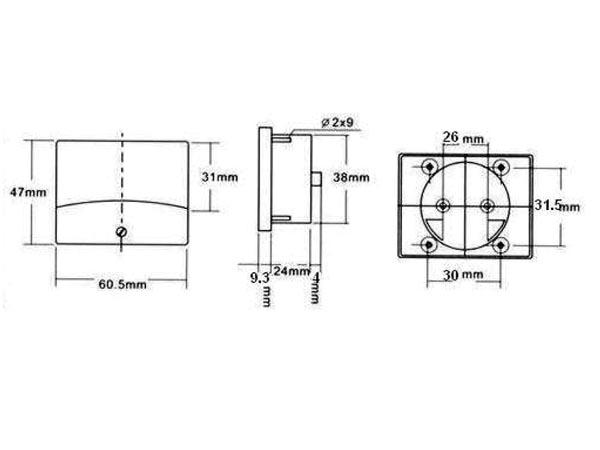 Voltmètre analogique de tableau 300vca / 60 x 47mm classe 2.5