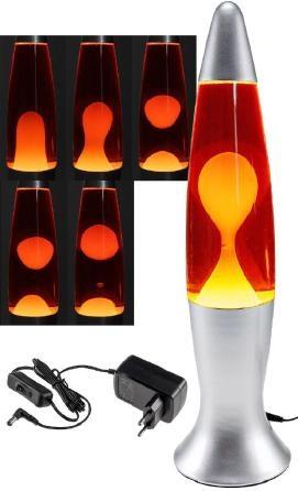 Lampe à lave 40 cm. eau : rouge, cire : jaune, corps : argent.