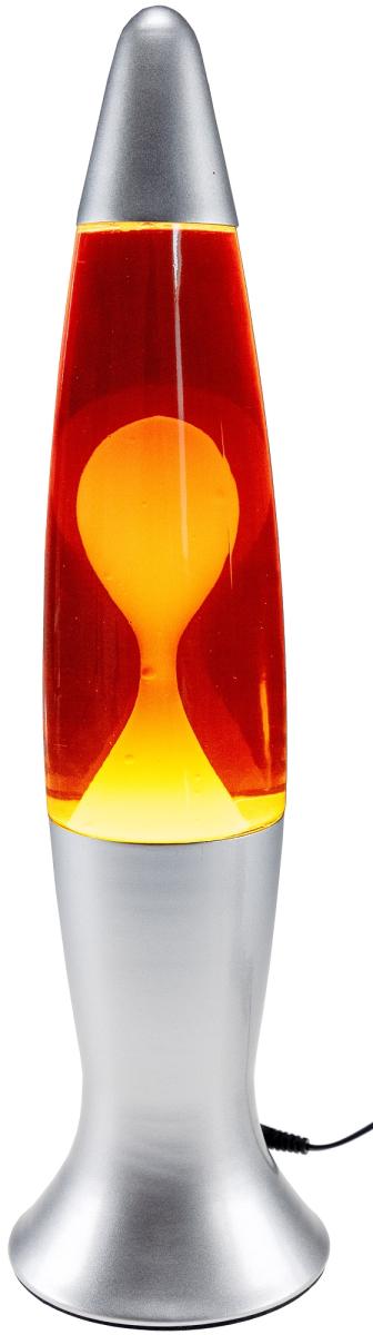 Lampe à lave 40 cm. eau : rouge, cire : jaune, corps : argent.