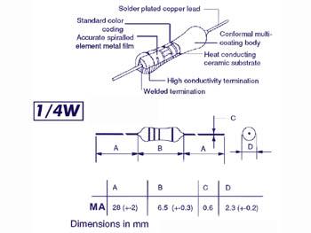 Resistance a couche metallique 1/4w 27 ohms 1%