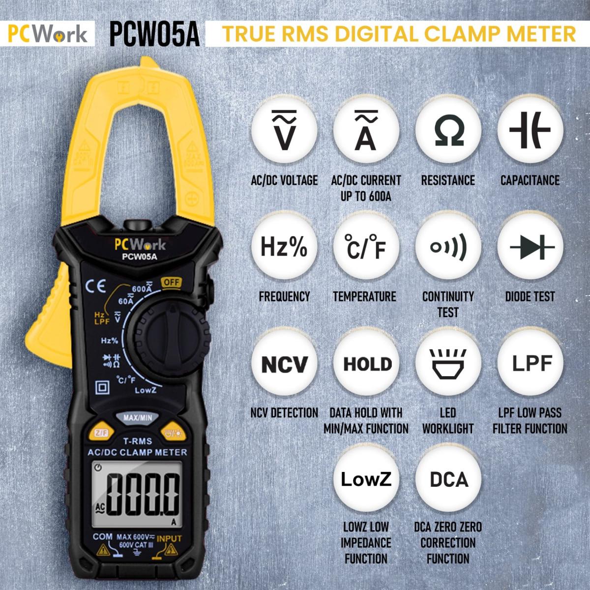 Pince ampèremétrique digital pcwork / 600a dc et ac / capacimètre / ohmmètre / fréquencemètre