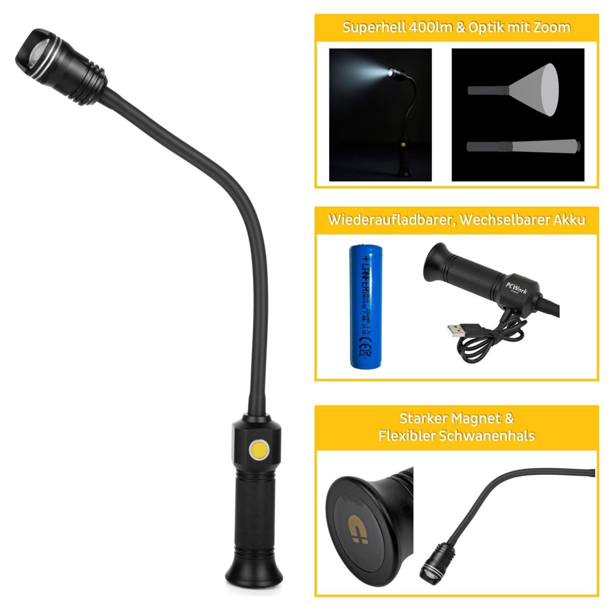 Lampe de travail magnétique à col de cygne, rechargeable, 400 lm