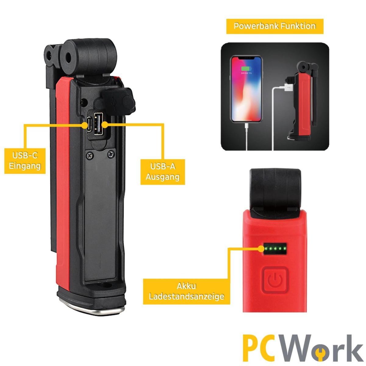 Lampe de travail led 600 lm avec batterie rechargeable et fonction powerbank