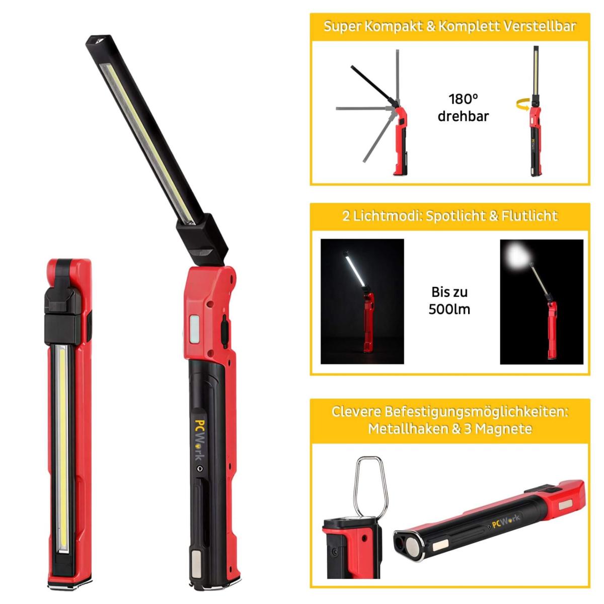 Lampe de travail led extra-plate 500 lm, batterie rechargeable