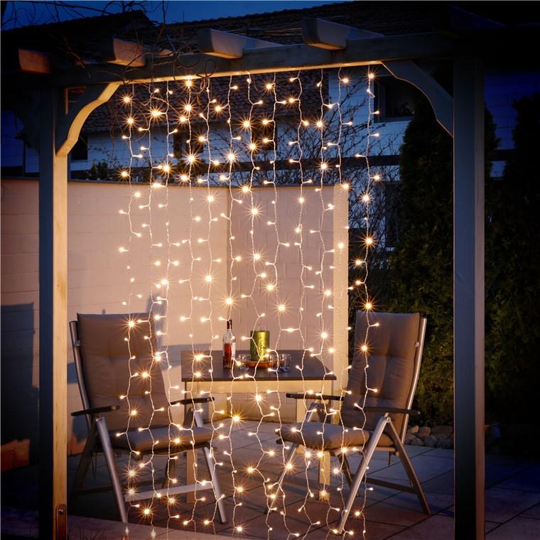 Rideau lumineux à 300 leds avec télécommande, fonction minuterie, 8 modes d'éclairage, blanc chaud