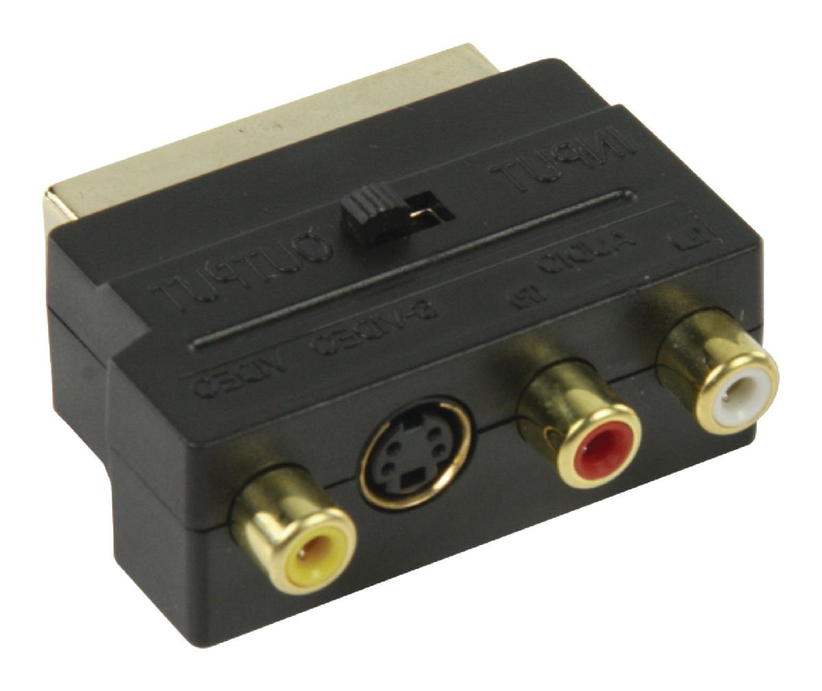 Adaptateur hf-television peritel male / 3 x rca femelle + s-vhs femelle + commutateur in/out contacts dores