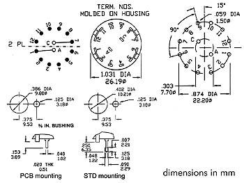 Commutateur rotatif 2 circuits / 6 positions - cos 0v d=25mm axe=6mm cosse à souder