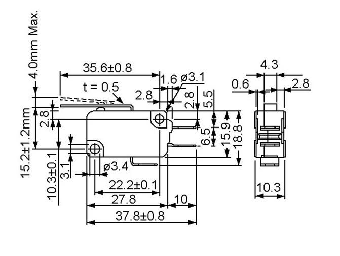 Micro switch a levier 1 rt 16a 250v 28 x 16 x 10mm