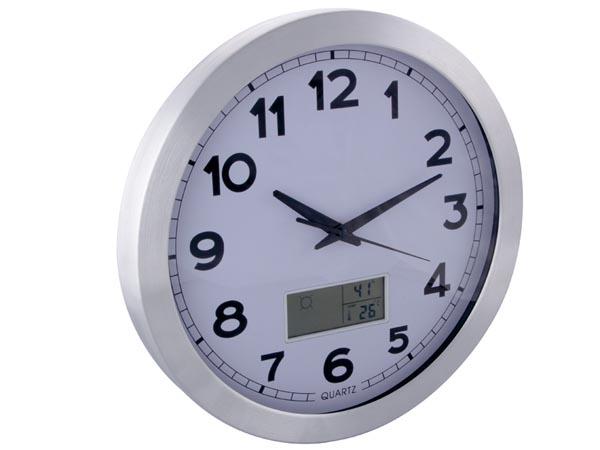 Horloge murale avec écran lcd - thermomètre, hygromètre et prévisions météo - aluminium - Ø 35 cm